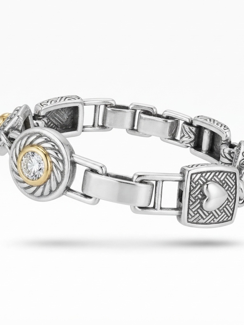 Brighton Two Tone Crystal Link Reversible Bracelet Gold Accent and Hearts